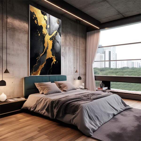 Quadro Decorativo Abstrato Luxuoso em Dourado e Preto Transforme Seu Ambiente