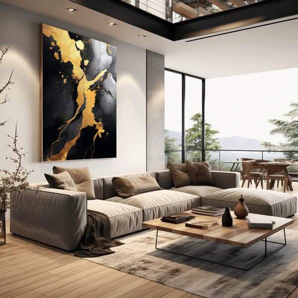 Quadro Decorativo Abstrato Luxuoso em Dourado e Preto Transforme Seu Ambiente