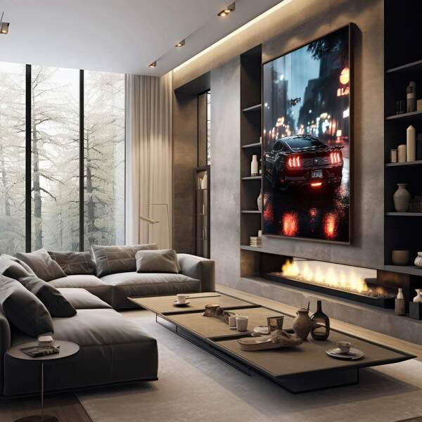 Quadro Decorativo: Noite Urbana com Carro Esportivo