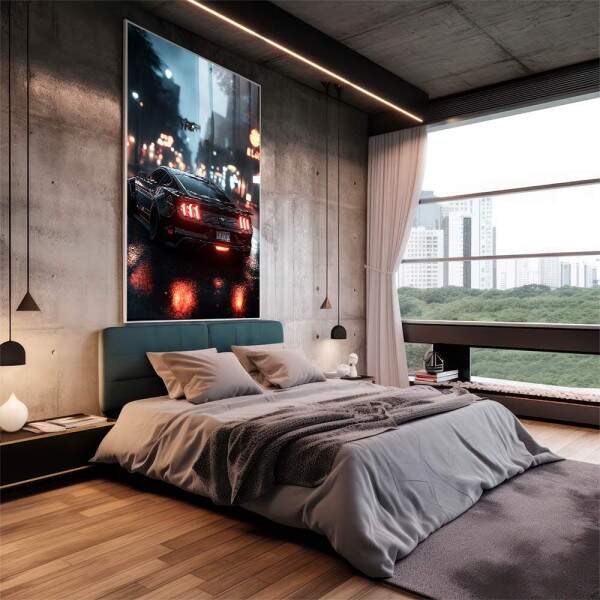 Quadro Decorativo: Noite Urbana com Carro Esportivo