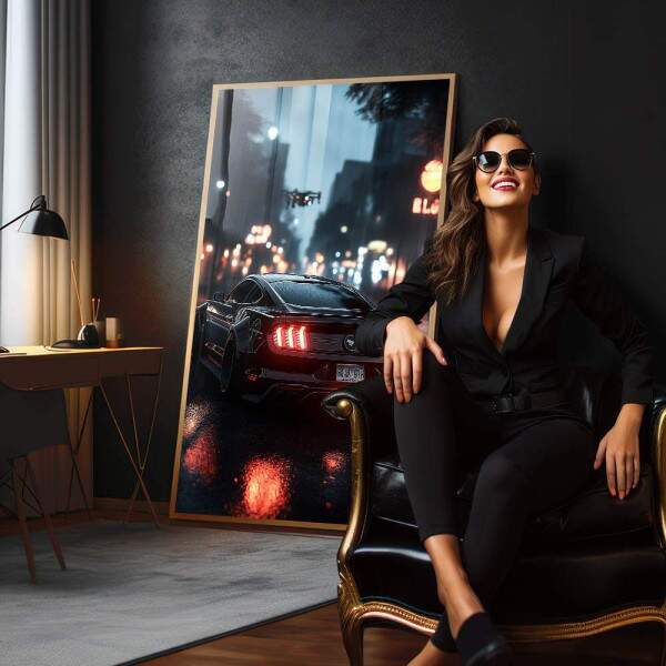 Quadro Decorativo: Noite Urbana com Carro Esportivo