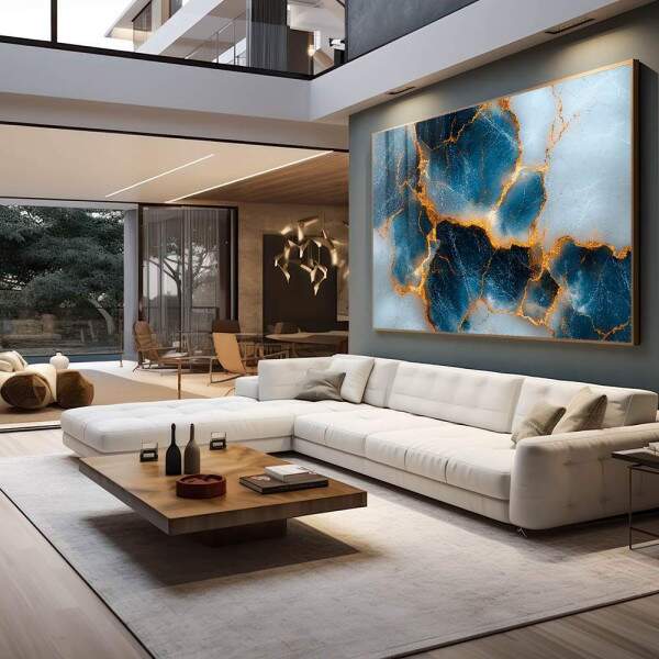 Quadro Decorativo Elegncia Azul Dourado - Arte para Ambientes Sofisticados