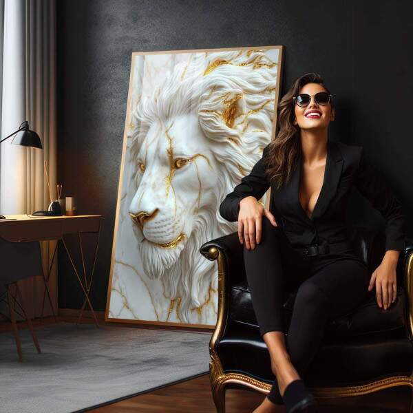 Leo Majestoso em Relevo: Quadro Decorativo Sofisticado