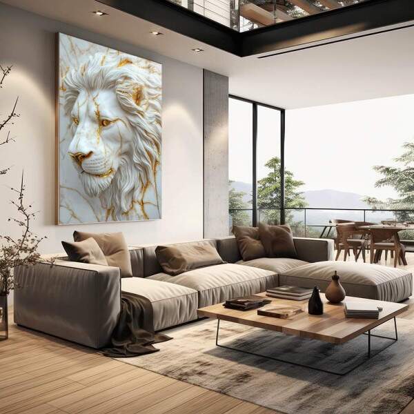 Leo Majestoso em Relevo: Quadro Decorativo Sofisticado