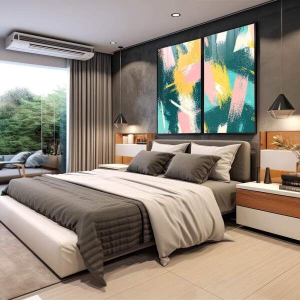 Quadro Abstrato Energizante - Harmonia de Cores em Verde, Rosa e Amarelo