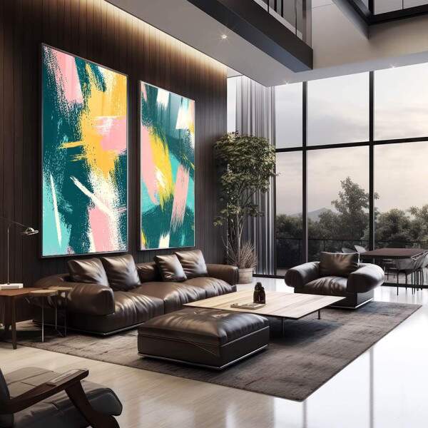 Quadro Abstrato Energizante - Harmonia de Cores em Verde, Rosa e Amarelo