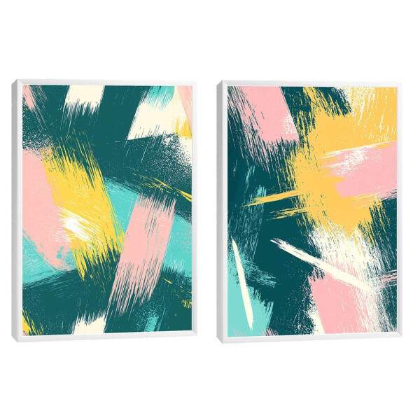 Quadro Abstrato Energizante - Harmonia de Cores em Verde, Rosa e Amarelo