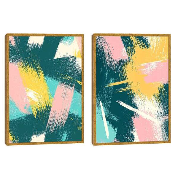 Quadro Abstrato Energizante - Harmonia de Cores em Verde, Rosa e Amarelo