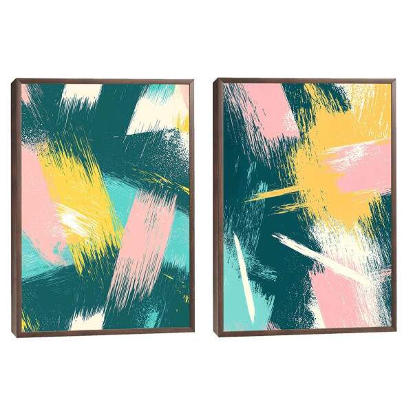 Quadro Abstrato Energizante - Harmonia de Cores em Verde, Rosa e Amarelo