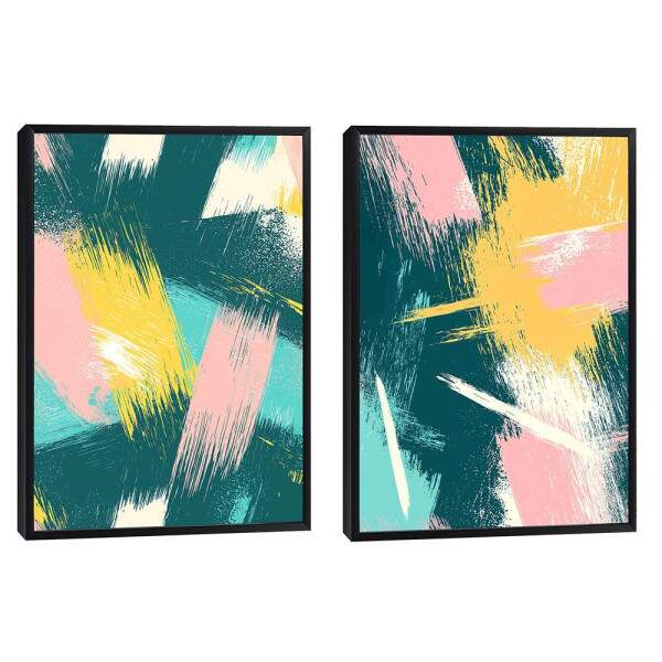 Quadro Abstrato Energizante - Harmonia de Cores em Verde, Rosa e Amarelo