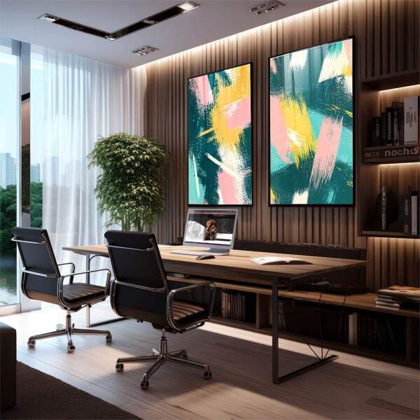 Quadro Abstrato Energizante - Harmonia de Cores em Verde, Rosa e Amarelo
