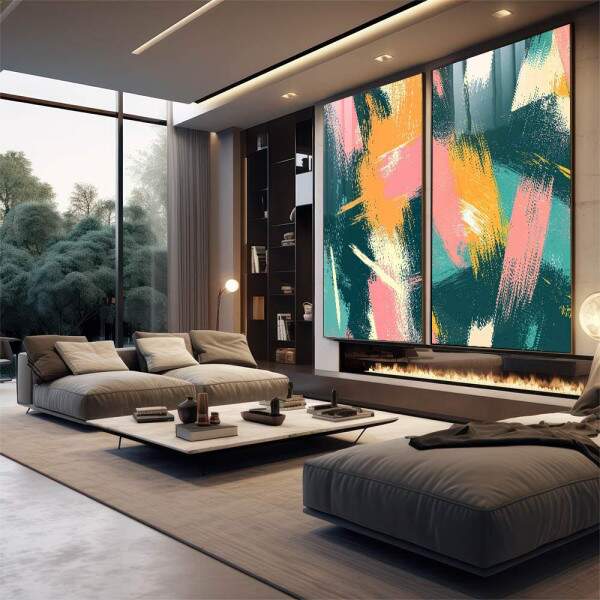Quadro Abstrato Energizante - Harmonia de Cores em Verde, Rosa e Amarelo