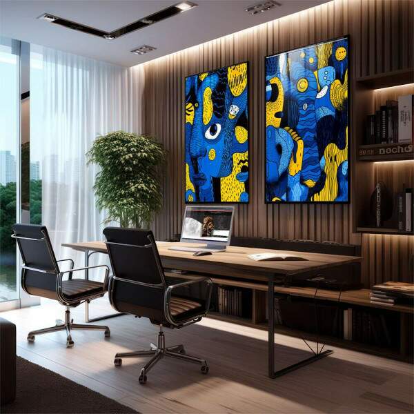 Quadro Abstrato Fludo em Azul e Amarelo - Arte para Transformar Seu Ambiente
