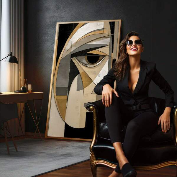 Quadro Abstrato \'Olhar Enigmtico\' em Dourado