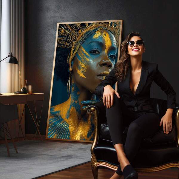 Quadro Feminino Azul e Dourado - Poder e Beleza