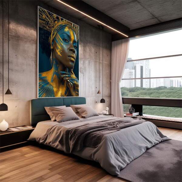 Quadro Feminino Azul e Dourado - Poder e Beleza