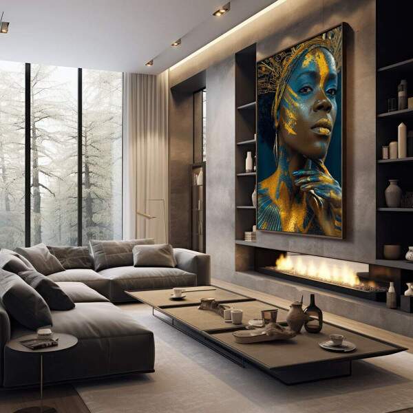 Quadro Feminino Azul e Dourado - Poder e Beleza