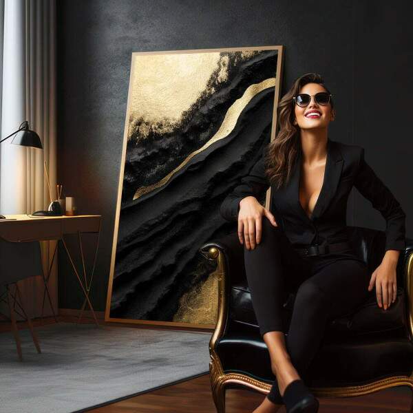 Quadro Decorativo Luxo Ouro e Preto Moderno