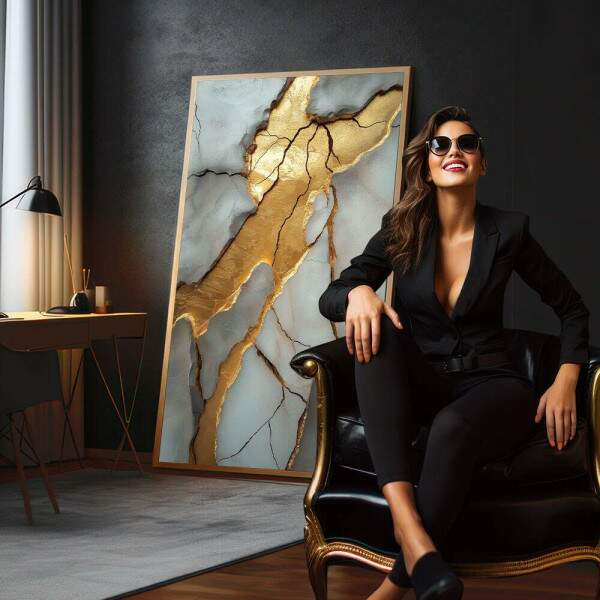 Quadro Decorativo Mrmore com Detalhes em Dourado