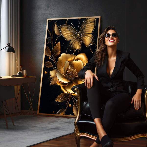 Quadro Decorativo Elegncia Dourada Floral