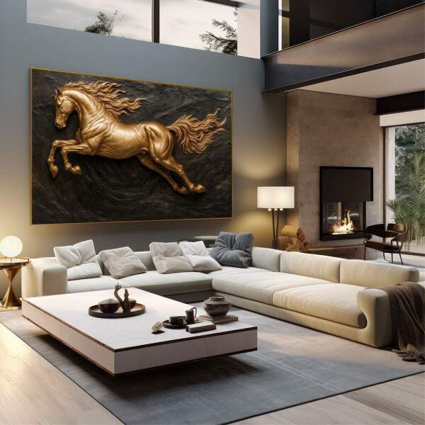 Quadro Decorativo Cavalo Dourado em Movimento