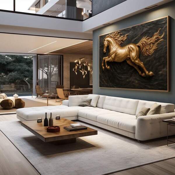 Quadro Decorativo Cavalo Dourado em Movimento