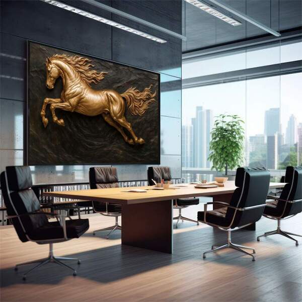 Quadro Decorativo Cavalo Dourado em Movimento