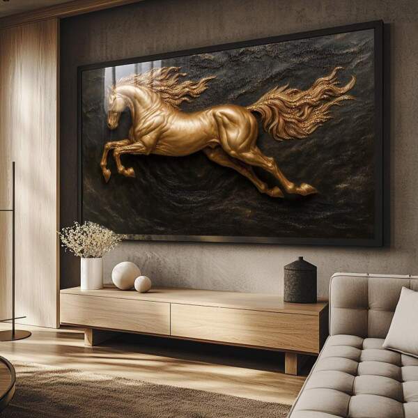 Quadro Decorativo Cavalo Dourado em Movimento