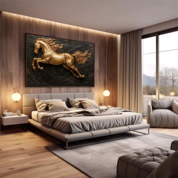 Quadro Decorativo Cavalo Dourado em Movimento