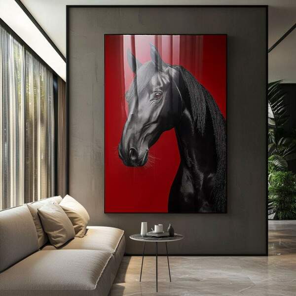 Quadro Decorativo Cavalo Negro em Vermelho