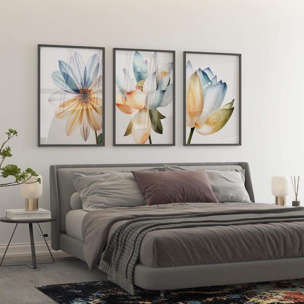Trio de Quadros Decorativos Flor de Lótus Colorida | Bibo Quadros