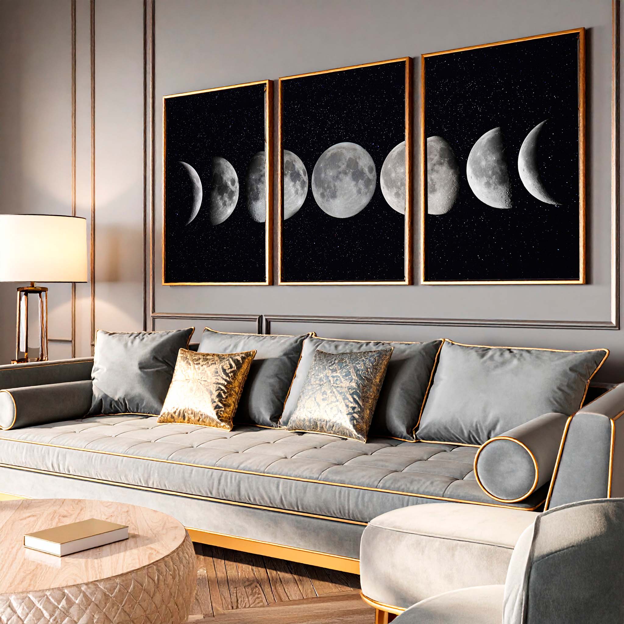 Trio de Quadros Fases da Lua Decoração Exclusiva e Sofisticada