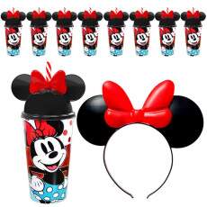 Kit 10 Tiaras e Copo Vermelho Minnie Decora��o e Lembran�a de Festa Infantil