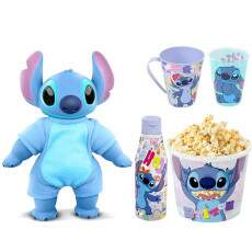 Kit 5 em 1 Pel�cia Stitch Copo Caneca Garrafa e Balde Pipoca