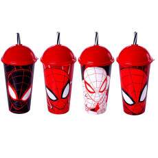 4 Copos Shake com Canudo do Homem Aranha Infantil Plas�til