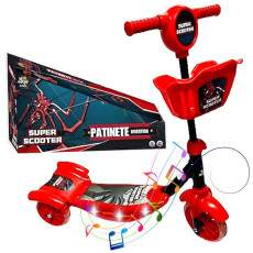 Super Patinete Infantil Scooter Aranha Spider Luzes nas 3 Meninos Som e Luzes