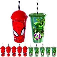 5 Copos Hulk e 5 Aranha Infantil com Canudo 500ml