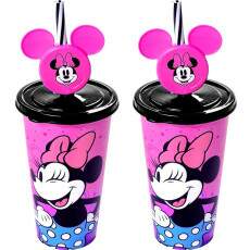 2 Copos Infantil Minnie Rosa Canudo Orelhas 500ml Original