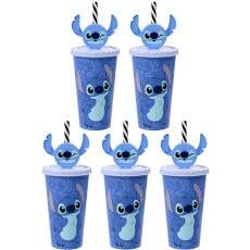 5 Copos Stitch Canudo Orelhas p/ Festa Infantil Lembrancinha