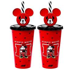 2 Copos Infantil Minnie Vermelho Canudo de Orelhas Original