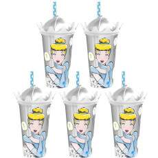 5 Copos Shake Cinderela com Canudo e Tampa Coroa Infantil Lembran�a de Festa