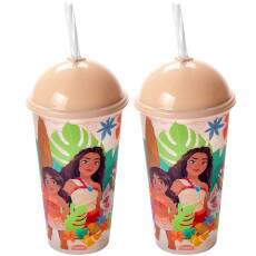 2 Copos Shake Infantil da Moana Tampa e Canudo 500ml Original