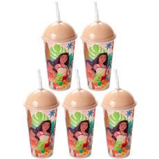 5 Copos Shake Infantil da Moana Tampa e Canudo 500ml Original