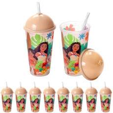 20 Copos Shake Infantil da Moana Tampa e Canudo 500ml Original