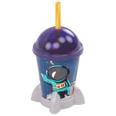 Copo Infantil Astronauta Nave Espacial com Tampa e Canudo