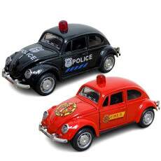 2 Fuscas de Ferro Pol�cia e Bombeiro Carrinho Abre Portas