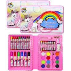 Kit 2 Estojos Escolar Colorir Unic�rnio Maleta Desenhos Canetinha Giz Apontador 42p�s