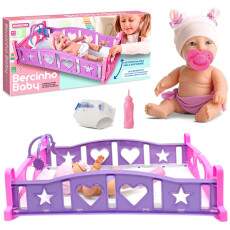 Kit 4 em 1 Bercinho com Boneca Beb� Xixi Fralda e Mamadeira