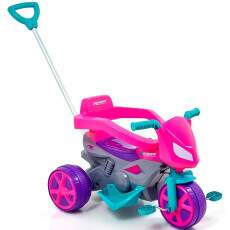 Motoca Triciclo Infantil Pedal Controle Empurrador p/ Pais Rosa
