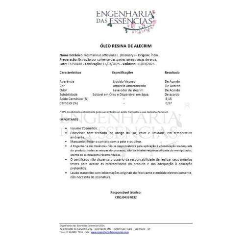 leo resina de Alecrim (Oleoresina) 8% cido Carnsico: 11/03/2026